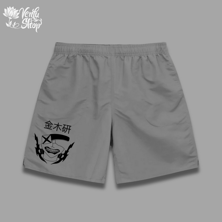 Kaneki Shorts A pair of gray gymwear shorts with a character design in black.