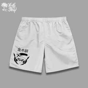 Kaneki Shorts A pair of gray gymwear shorts with a character design in black.