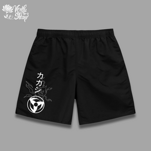  Kakashi Shorts  A pair of white oversized gymwear shorts with a minimalistic anime character design in black.