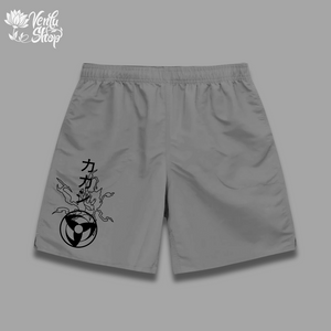  Kakashi Shorts A pair of white oversized gymwear shorts with a minimalistic anime character design in black.