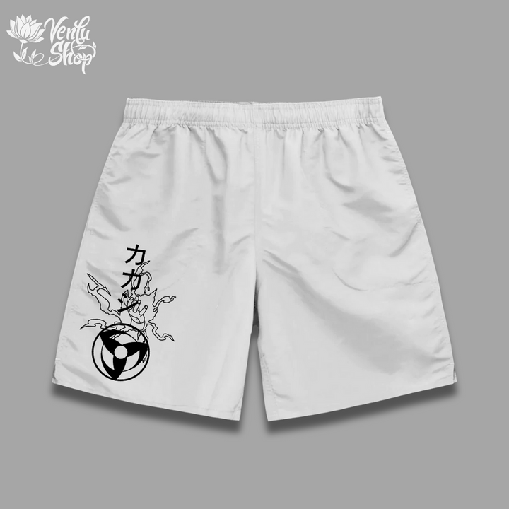  Kakashi Shorts  A pair of white oversized gymwear shorts with a minimalistic anime character design in black.