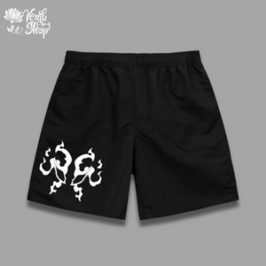  Jin Woo Shorts Black gymwear oversized shorts with a white minimalistic anime design on the left leg.