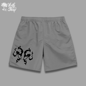 Black gymwear oversized shorts with a white minimalistic anime design on the left leg.