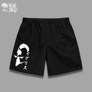 A pair of gray gymwear shorts with a oversized black and white anime character design on the left leg.