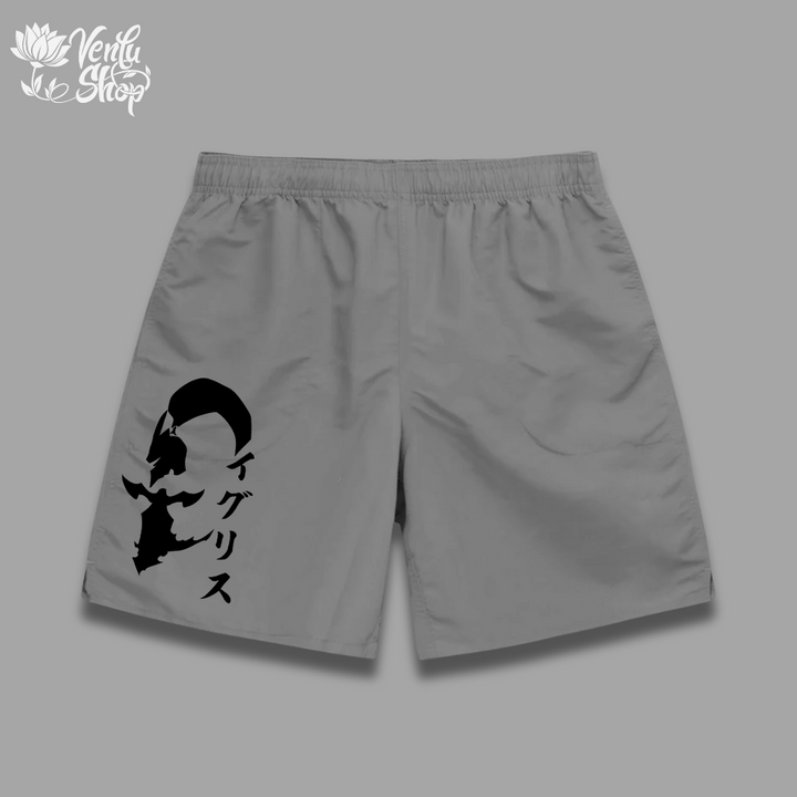 A pair of gray gymwear shorts with a oversized black and white anime character design on the left leg.