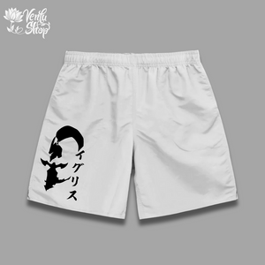 A pair of gray gymwear shorts with a oversized black and white anime character design on the left leg.