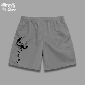  Ichigo Shorts  A pair of black gymwear oversized shorts with a white minimalistic anime character design on the left leg.