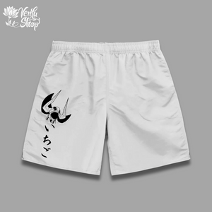  Ichigo Shorts A pair of black gymwear oversized shorts with a white minimalistic anime character design on the left leg.