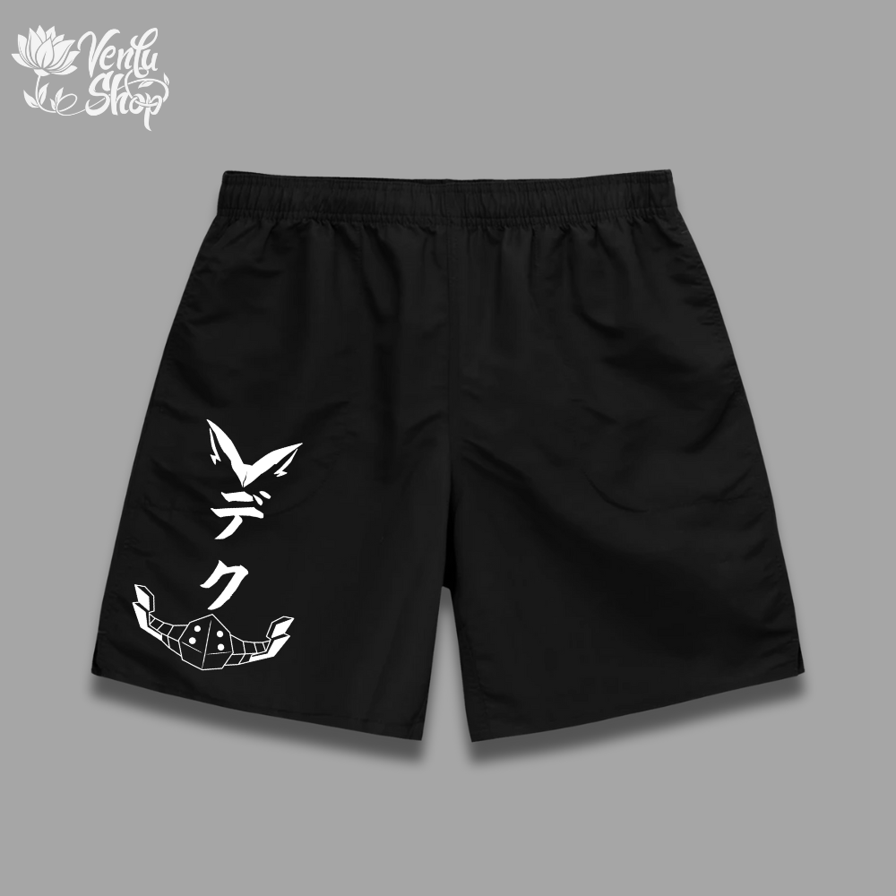 Deku Shorts A pair of black gymwear shorts with a white minimalist anime design on the left leg.