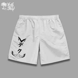 Deku Shorts A pair of black gymwear shorts with a white minimalist anime design on the left leg.
