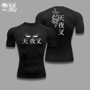 Doflamingo Compression Shirt — inspired A white short sleeve compression shirt with a graphic design resembling a bird and Chinese characters, and the brand name 'Doflamingo' written on the chest.