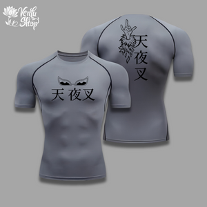 Doflamingo Compression Shirt — inspired A white short sleeve compression shirt with a graphic design resembling a bird and Chinese characters, and the brand name 'Doflamingo' written on the chest.