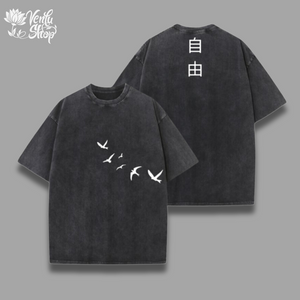  Eren Washed Shirt  A navy blue t-shirt with a graphic of birds on the front and a character on the back.