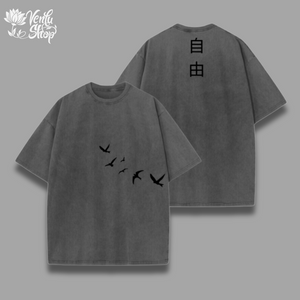  Eren Washed Shirt A navy blue t-shirt with a graphic of birds on the front and a character on the back.