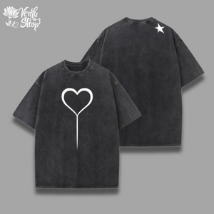  Giorno Washed Shirt A gray oversized t-shirt with a design on the front showing a black heart and a star symbol, and a second view of the shirt showing the back.