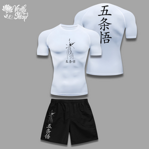 Gojo Set — inspired by Jujutsu Kaisen A black gymwear set with a tight compression shirt and baggy shorts, featuring white text and graphics on the shirt.