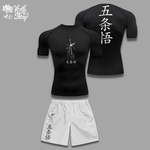 Gojo Set — inspired by Jujutsu Kaisen A black gymwear set with a tight compression shirt and baggy shorts, featuring white text and graphics on the shirt.