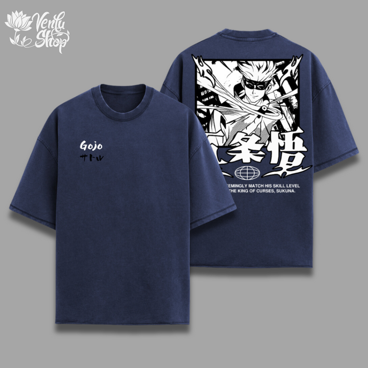  Gojo Oversized Shirt  Navy blue oversized t-shirt with anime character graphic on the back and 'Gojo' text on the front.