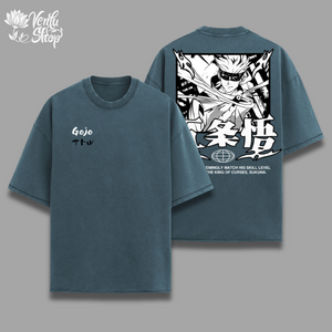  Gojo Oversized Shirt  A gray oversized t-shirt with a graphic print of an anime character on the front and the text 'GOJO' on the left chest area. The shirt is presented in two views, one showing the front and the other showing the back.