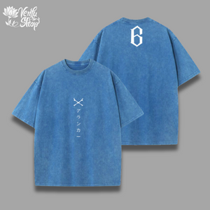  Grimmjow Washed Shirt  A blue oversized t-shirt with short sleeves, showing the front and back, with a graphic on the front left chest area.