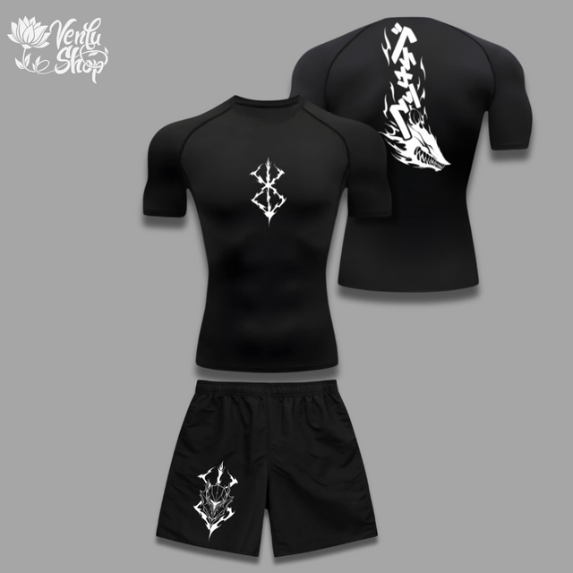 Guts Set — inspired by Berserk A set of black gym wear, including a compression shirt with a graphic on the back and baggy shorts, both with white anime-style character markings.