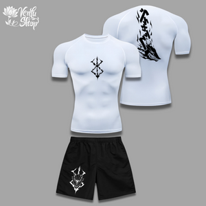Guts Set — inspired by Berserk A black gymwear set with a tight compression shirt and baggy shorts, featuring a white graphic design on the back of the shirt and the front of the shorts.
