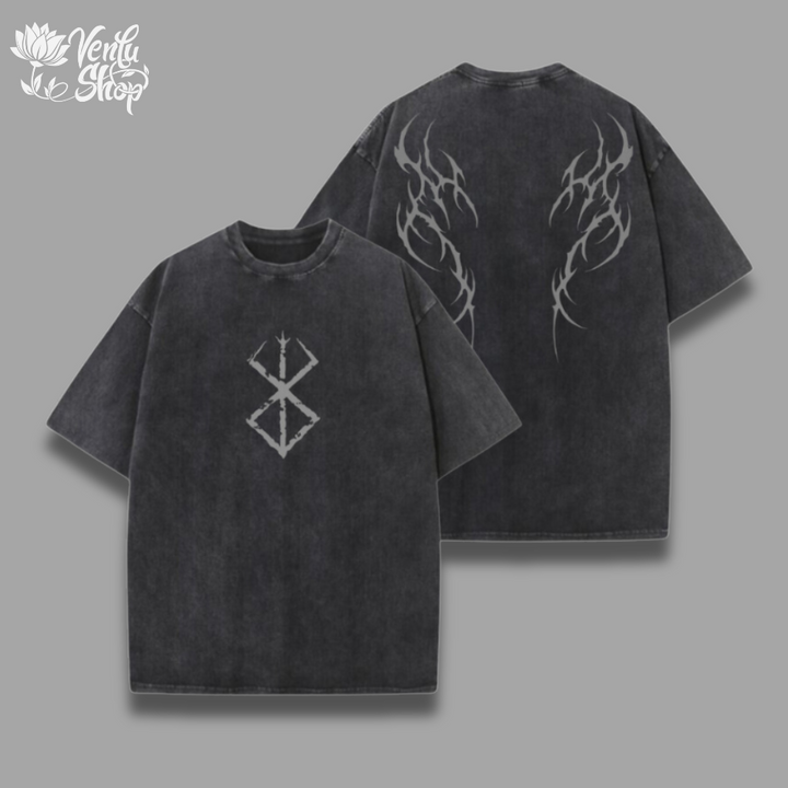  Guts Washed Shirt Oversized black washed shirt with graphic design on the front and back.
