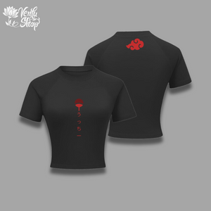 Itachi Cropped Compression Shirt A black short-sleeved cropped compression shirt with a red graphic on the back featuring the character Itachi from the anime series Naruto.