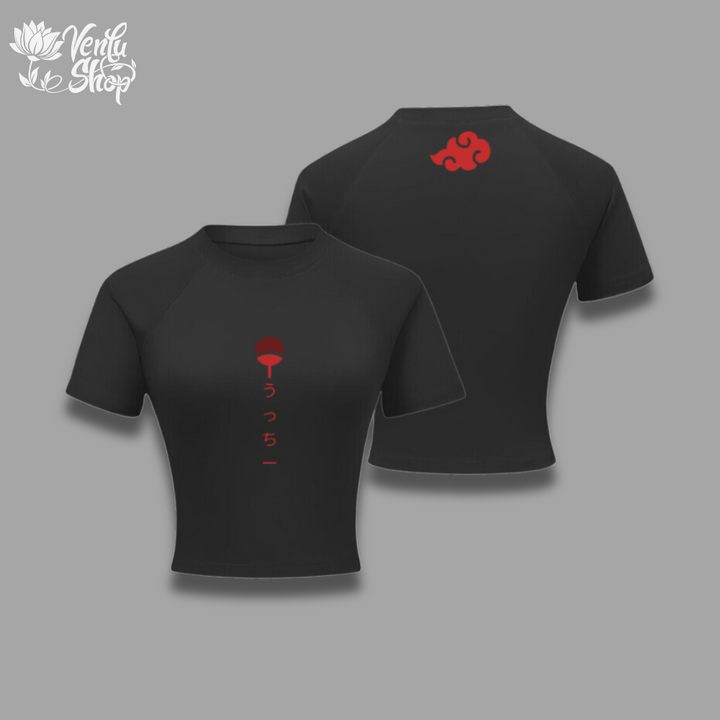Itachi Cropped Compression Shirt A black short-sleeved cropped compression shirt with a red graphic on the back featuring the character Itachi from the anime series Naruto.