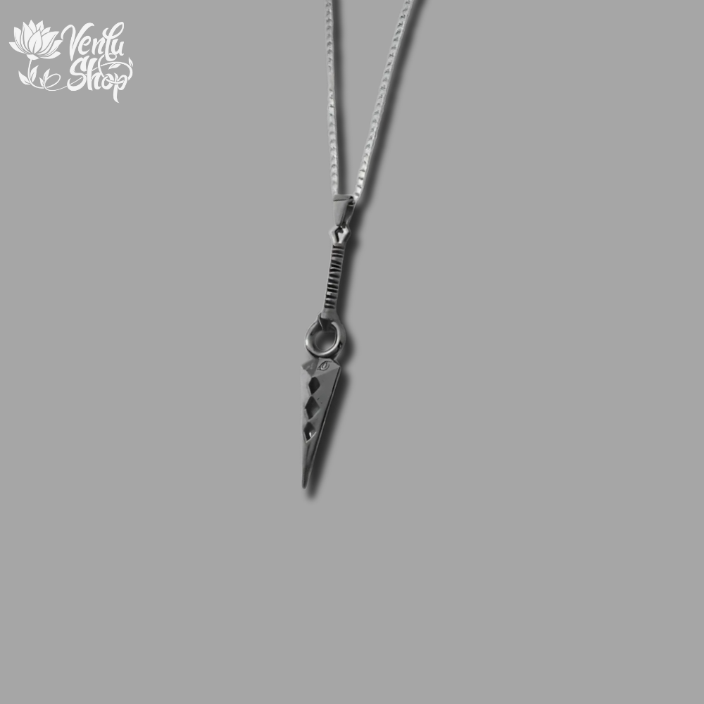 Sasuke-inspired design Silver necklace with a unique pendant on a gray background