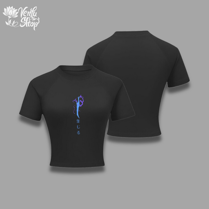 Jin Woo Cropped Compression Shirt A black short-sleeved cropped compression shirt with a character design on the front.