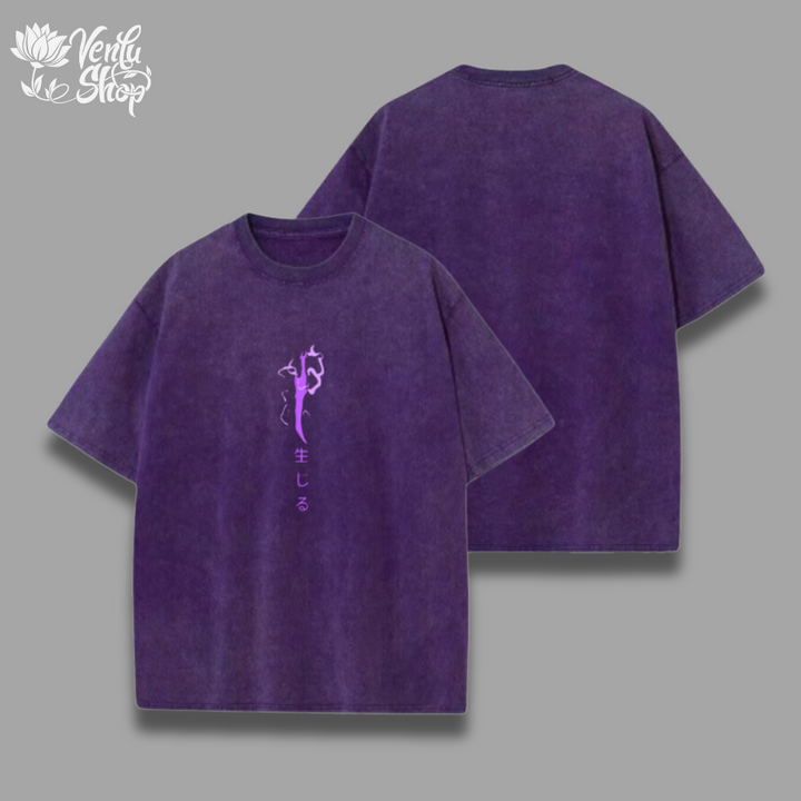  Jin Woo Washed Shirt An oversized purple washed shirt with a text design on the front.