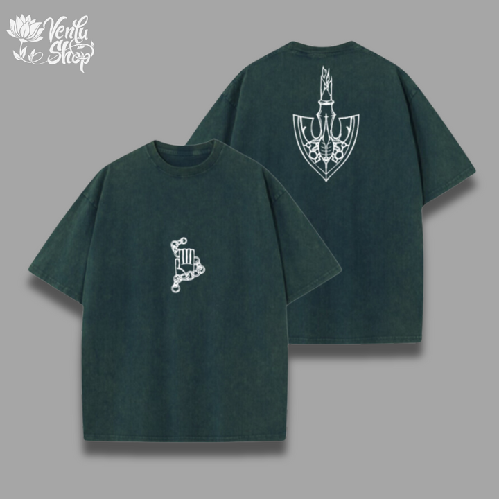  Jotaro Washed Shirt Two green oversized t-shirts with a white graphic on the front, one showing the front view and the other showing the back view.