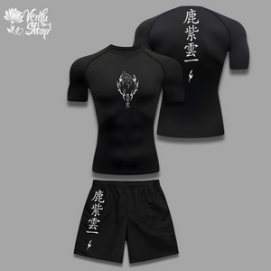 Kashimo Set — inspired by Jujutsu Kaisen A white tight compression shirt with a black baggy shorts, both featuring anime-style graphics.