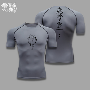  Kashimo Compression Shirt — inspired  A white short sleeve compression shirt with a graphic design and Japanese characters on the front and sleeves.