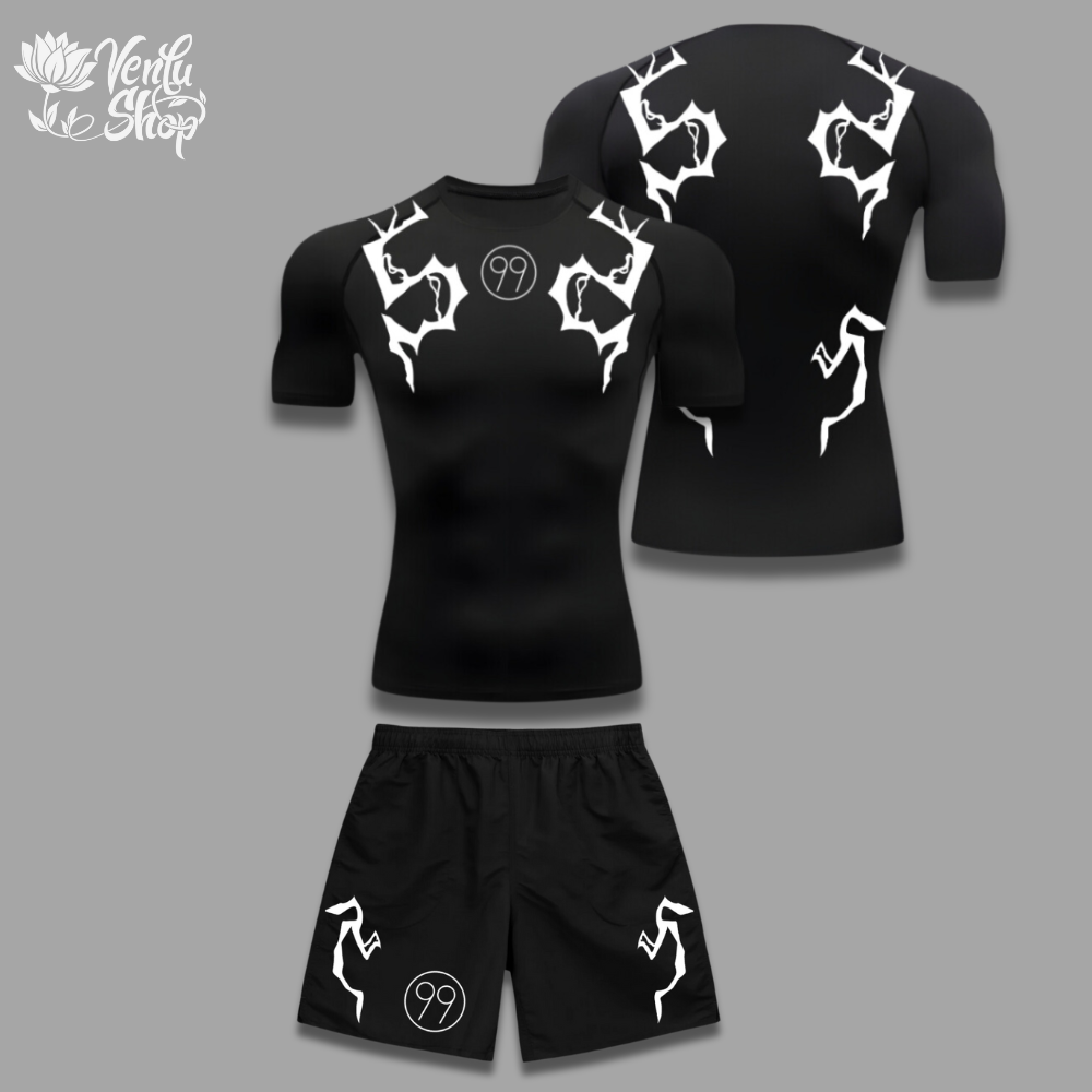  Killua Set — inspired by Hunter x Hunter A black gymwear set with white graphic designs, consisting of a tight compression shirt and baggy shorts, laid out on a plain background.