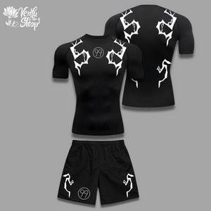  Killua Set — inspired by Hunter x Hunter A black gymwear set with white graphic designs, consisting of a tight compression shirt and baggy shorts, laid out on a plain background.