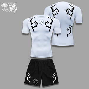  Killua Set — inspired by Hunter x Hunter A black gymwear set with white graphic designs, consisting of a tight compression shirt and baggy shorts, laid out on a plain background.