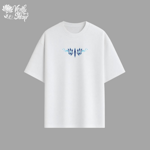 Akaza anime-inspired White t-shirt with a blue butterfly design on a gray background
