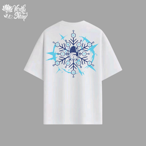 Akaza anime-inspired White t-shirt with a blue and black geometric snowflake design on a gray background