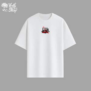 Baki anime-inspired White t-shirt with a red and black graphic on a gray background