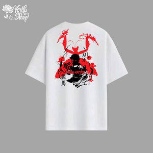 Baki anime-inspired  White t-shirt with red and black graphic design on a gray background