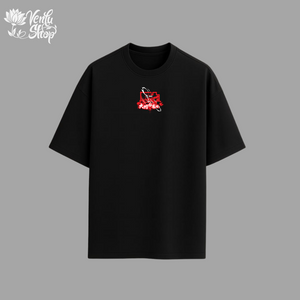 Baki anime-inspired  Black t-shirt with a red and white graphic on a gray background