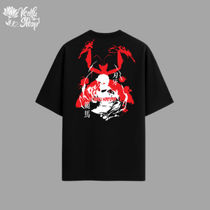 Baki anime-inspired Black t-shirt with red and white graphic design on a gray background