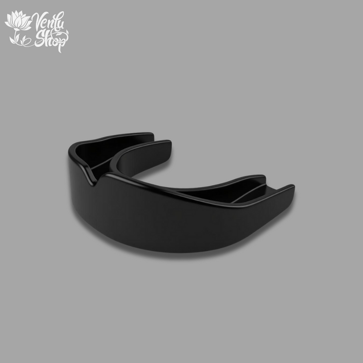 Black mouthguard on a gray background with 'Verita Stop' branding.