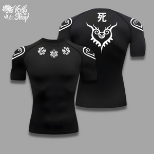  Law Compression Shirt — inspired  A white short sleeve compression shirt with black and gray anime character Trafalgar Law designs on the sleeves and chest.