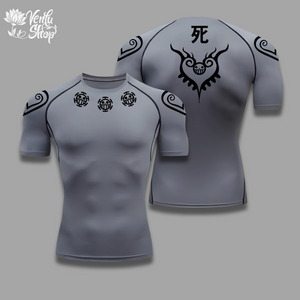  Law Compression Shirt — inspired  A white short sleeve compression shirt with black and gray anime character Trafalgar Law designs on the sleeves and chest.