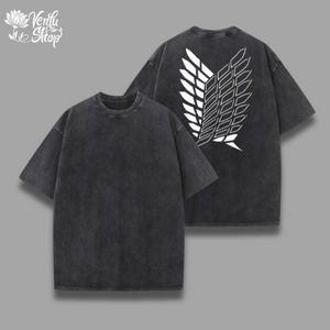 Levi Washed Shirt  A gray oversized t-shirt with a design resembling a stylized bird or a character on the back, possibly inspired by Attack on Titan Levi Ackerman.