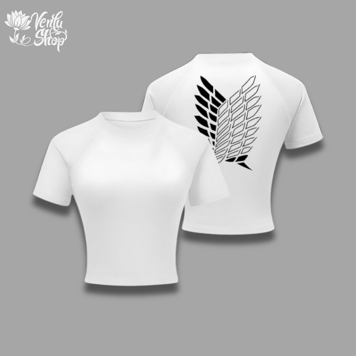 Levi Cropped Compression Shirt A white, short-sleeved cropped compression shirt with a graphic of Levi's wings on the back, designed for adults.