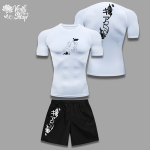  Luffy Set — inspired by One Piece A black gymwear set with a short-sleeved compression shirt and matching baggy shorts, featuring white text and graphic designs.